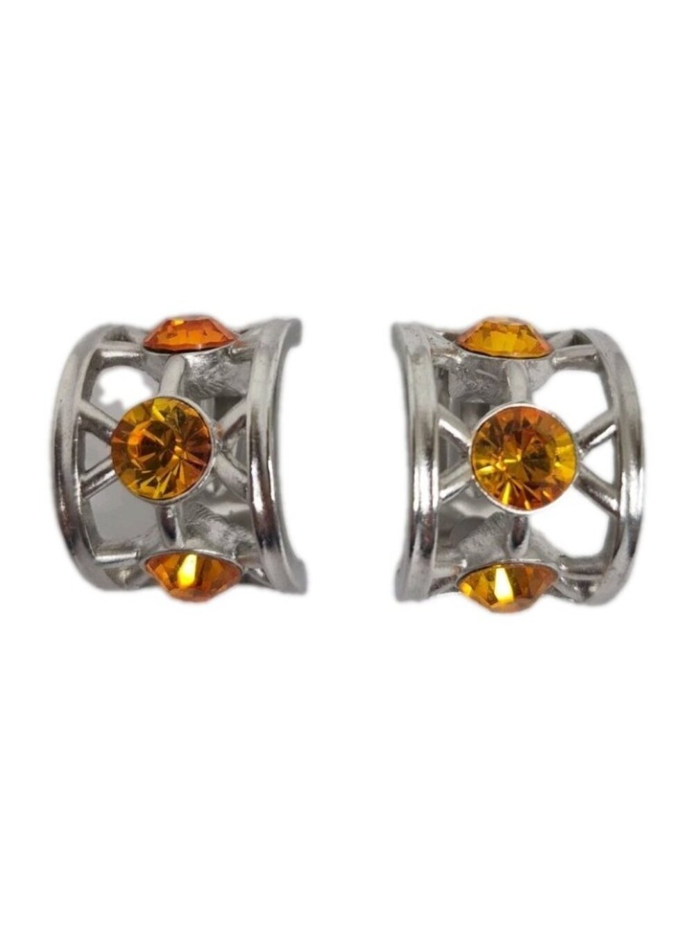 Givenchy Earrings Clip On Silver Tone Orange Citrine Half Hoops 1"